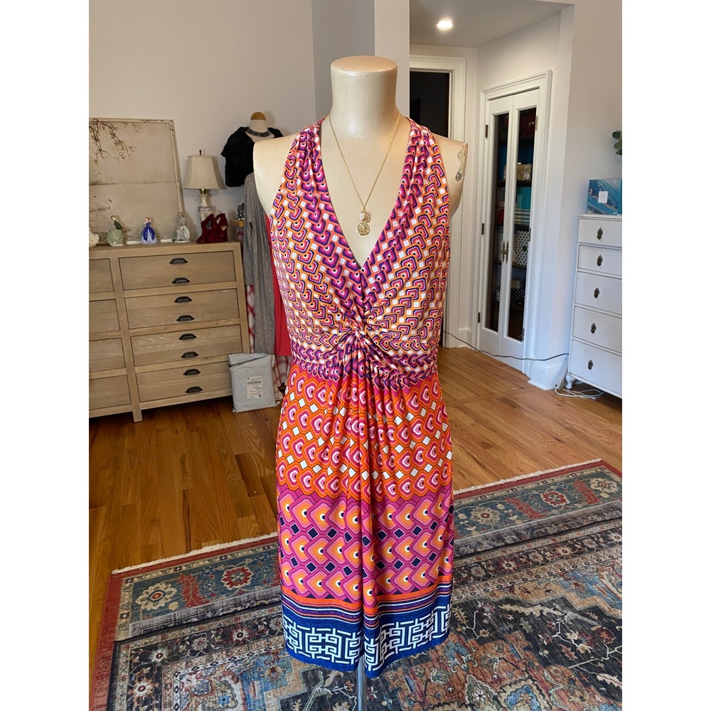 Laundry by Shelli Segal Geometric Halter Dress Orange Pink Navy Blue Size 8